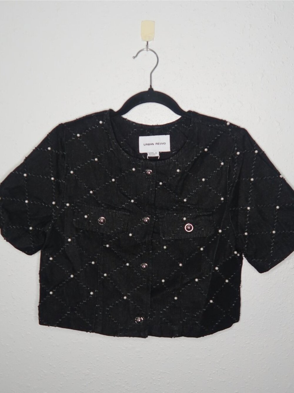Urban Revivo Faux Pearl Embellished Crop Top with Short Sleeves
